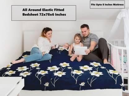 Snooze Glace Cotton Elastic Fitted Bedsheet for Queen Size Bed with 2 Pillow Covers