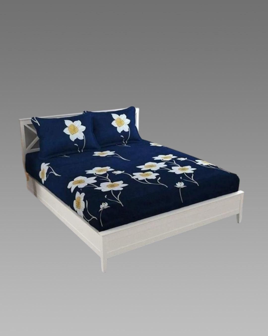 Snooze Glace Cotton Elastic Fitted Bedsheet for Queen Size Bed with 2 Pillow Covers