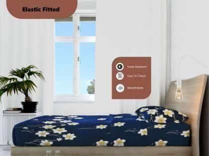 Snooze Glace Cotton Elastic Fitted Bedsheet for Queen Size Bed with 2 Pillow Covers
